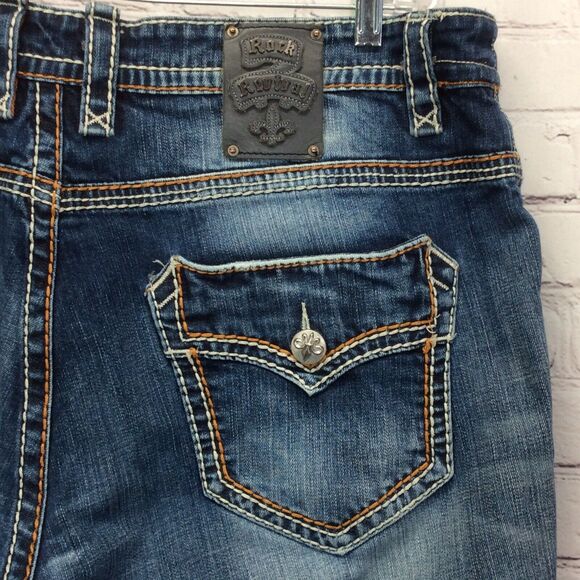 Rock Revival Blue Jeans Men's 44 x 29.5 "Steven Straight" Pockets Leather Patch - Picture 6 of 7